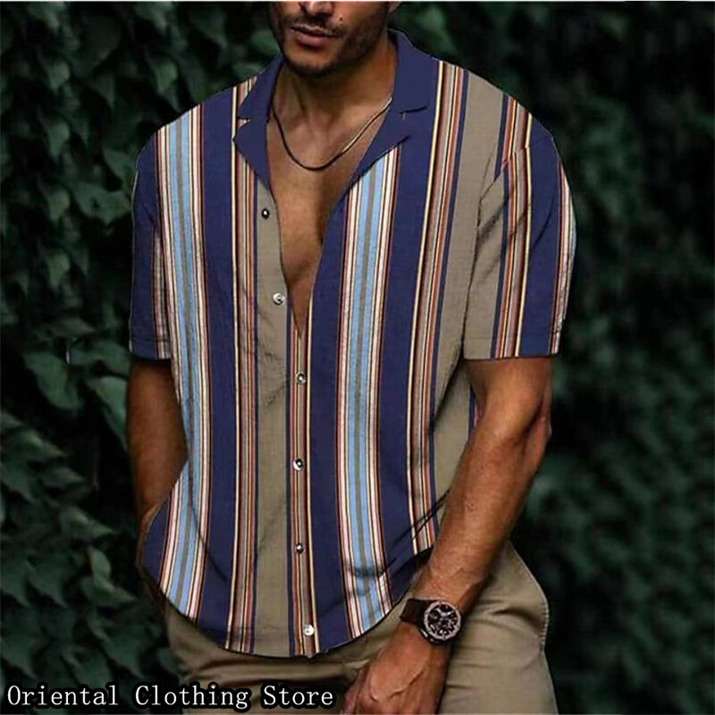 Ανδρικό casual πουκάμισο καλοκαιρινό με κουμπιά με κοντομάνικα ριγέ στάμπα που αναπνέει, άνετο πουκάμισο για εργασία σε εξωτερικούς χώρους διακοπών
