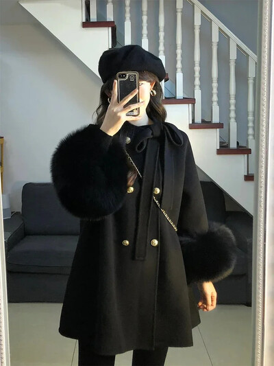 Suuremõõtmeline prantsuse stiilis High Sense pitsiline kaherealine villane mantel naiste talvine keskmise pikkusega lahtine must villasest riidest mantel