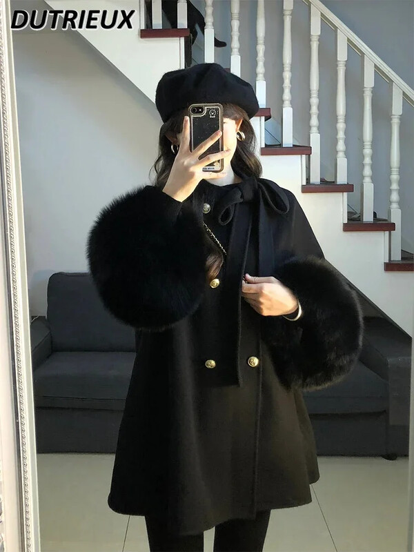 Suuremõõtmeline prantsuse stiilis High Sense pitsiline kaherealine villane mantel naiste talvine keskmise pikkusega lahtine must villasest riidest mantel