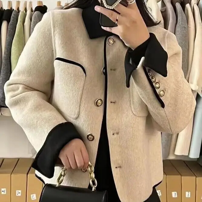 Stiilne värvi blokeeriv villane mantel lühike jope naistele korea stiilis kevad-sügis tviid-nukupea lühikese pikkusega mantel