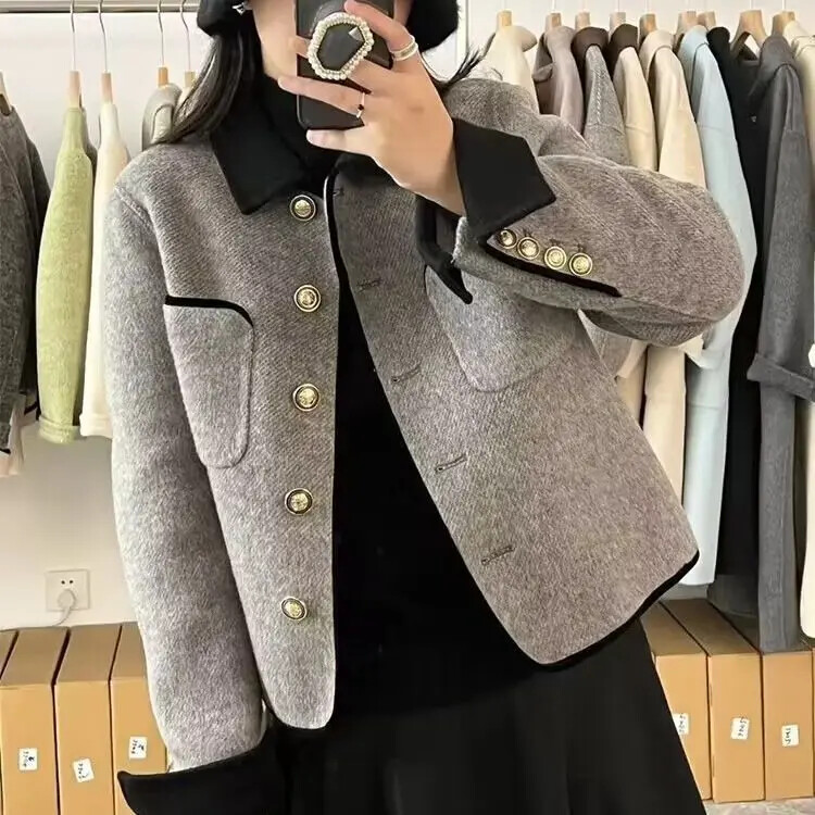 Stiilne värvi blokeeriv villane mantel lühike jope naistele korea stiilis kevad-sügis tviid-nukupea lühikese pikkusega mantel