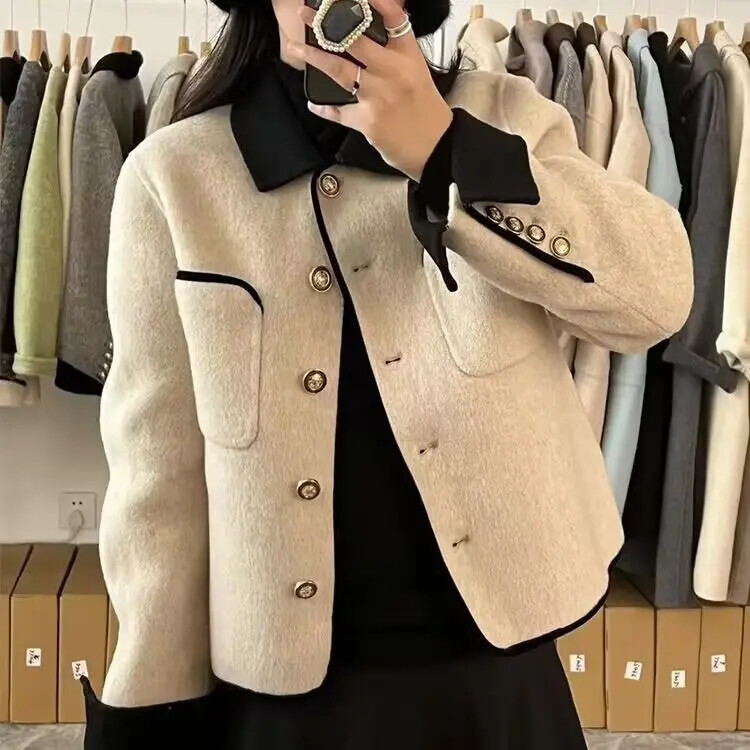Stiilne värvi blokeeriv villane mantel lühike jope naistele korea stiilis kevad-sügis tviid-nukupea lühikese pikkusega mantel