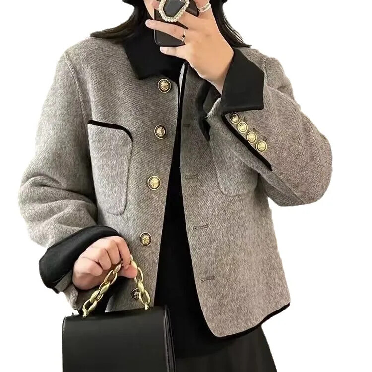 Stiilne värvi blokeeriv villane mantel lühike jope naistele korea stiilis kevad-sügis tviid-nukupea lühikese pikkusega mantel