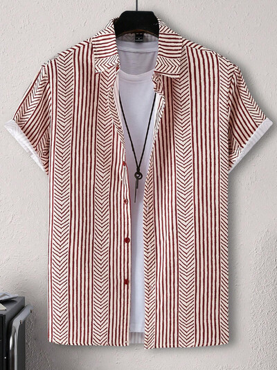 Muška košulja, ljetna moda, personalizirani prugasti dizajn, otisnuta košulja kratkih rukava, ležerna majica na preklop s gumbima