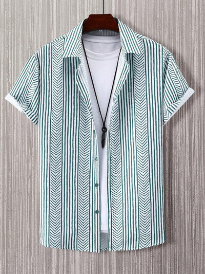 Muška košulja, ljetna moda, personalizirani prugasti dizajn, otisnuta košulja kratkih rukava, ležerna majica na preklop s gumbima