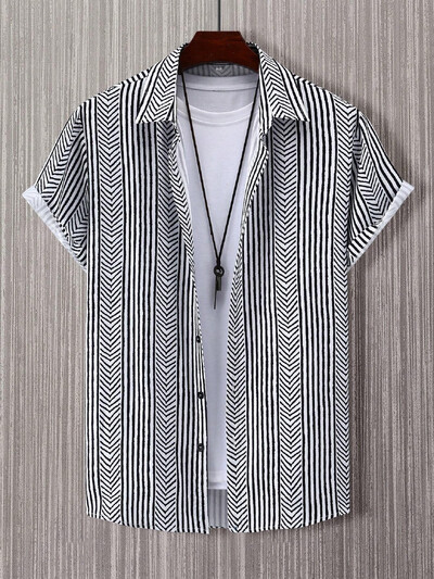 Muška košulja, ljetna moda, personalizirani prugasti dizajn, otisnuta košulja kratkih rukava, ležerna majica na preklop s gumbima