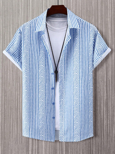 Muška košulja, ljetna moda, personalizirani prugasti dizajn, otisnuta košulja kratkih rukava, ležerna majica na preklop s gumbima