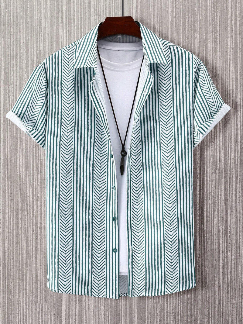 Muška košulja, ljetna moda, personalizirani prugasti dizajn, otisnuta košulja kratkih rukava, ležerna majica na preklop s gumbima