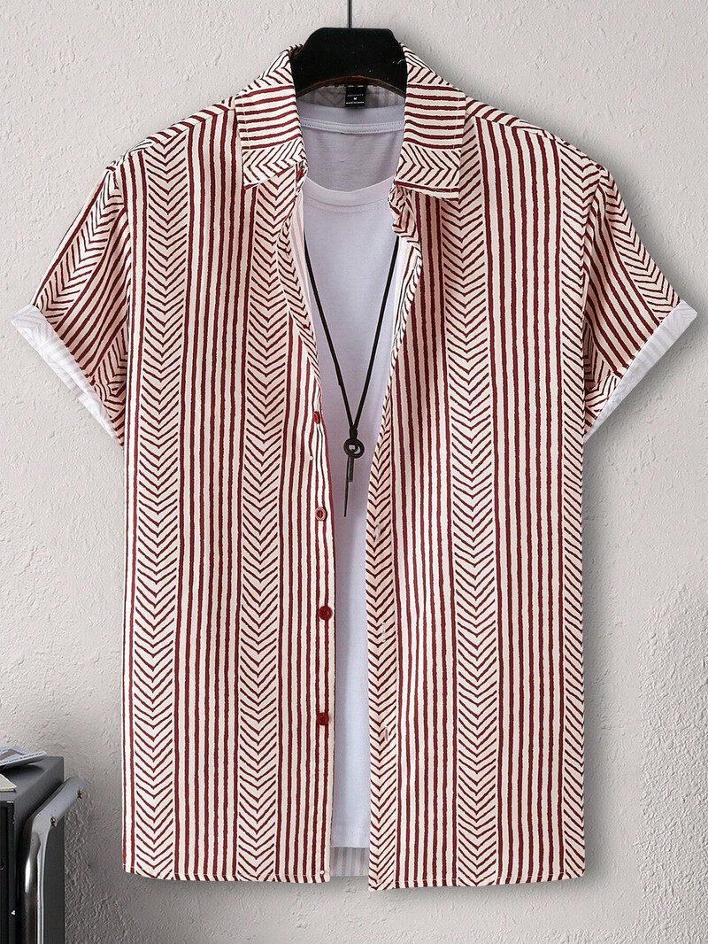 Muška košulja, ljetna moda, personalizirani prugasti dizajn, otisnuta košulja kratkih rukava, ležerna majica na preklop s gumbima