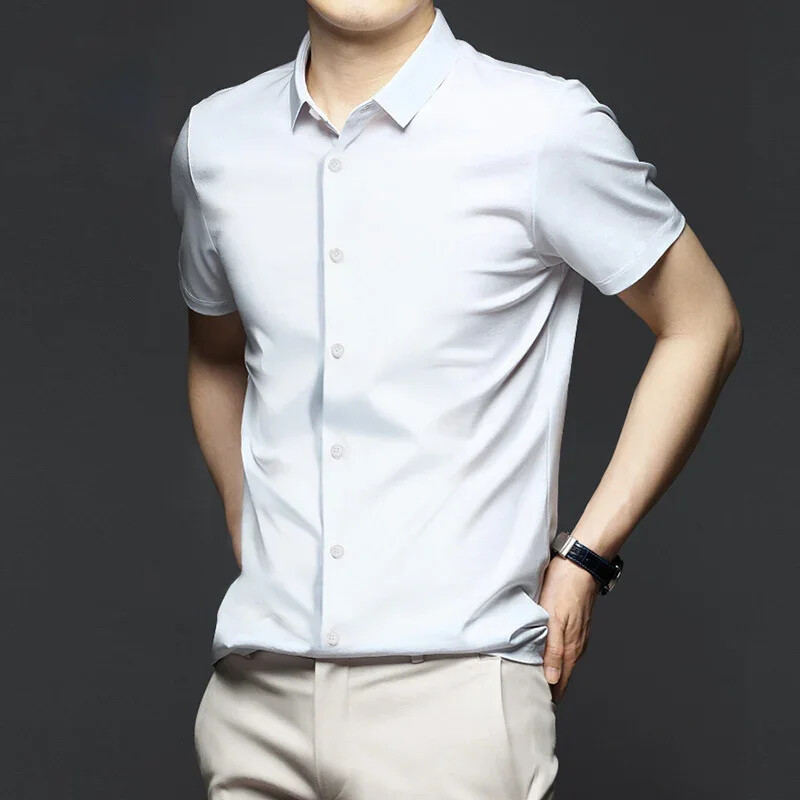 Καλοκαιρινό κοντομάνικο πουκάμισο από μεταξωτό πάγο ανδρικό ελαστικό, χωρίς σίδερο, μεταξένιο γυαλιστερό ανδρικό μπλουζάκι ζακέτα