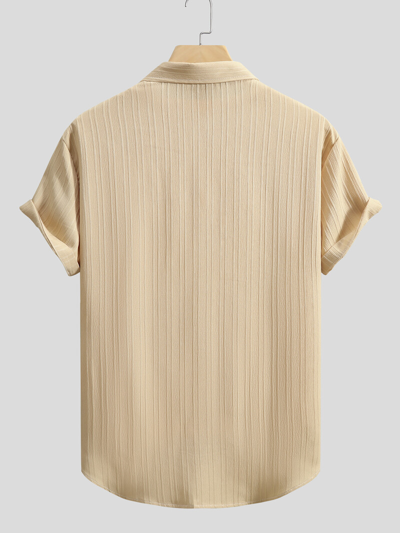 2024 Νέο ανδρικό κοντομάνικο πουκάμισο από βαμβακερό και λινό ανάγλυφο για άντρες Καλοκαιρινό μονόχρωμο πουκάμισο με στριφογυριστό γιακά.
