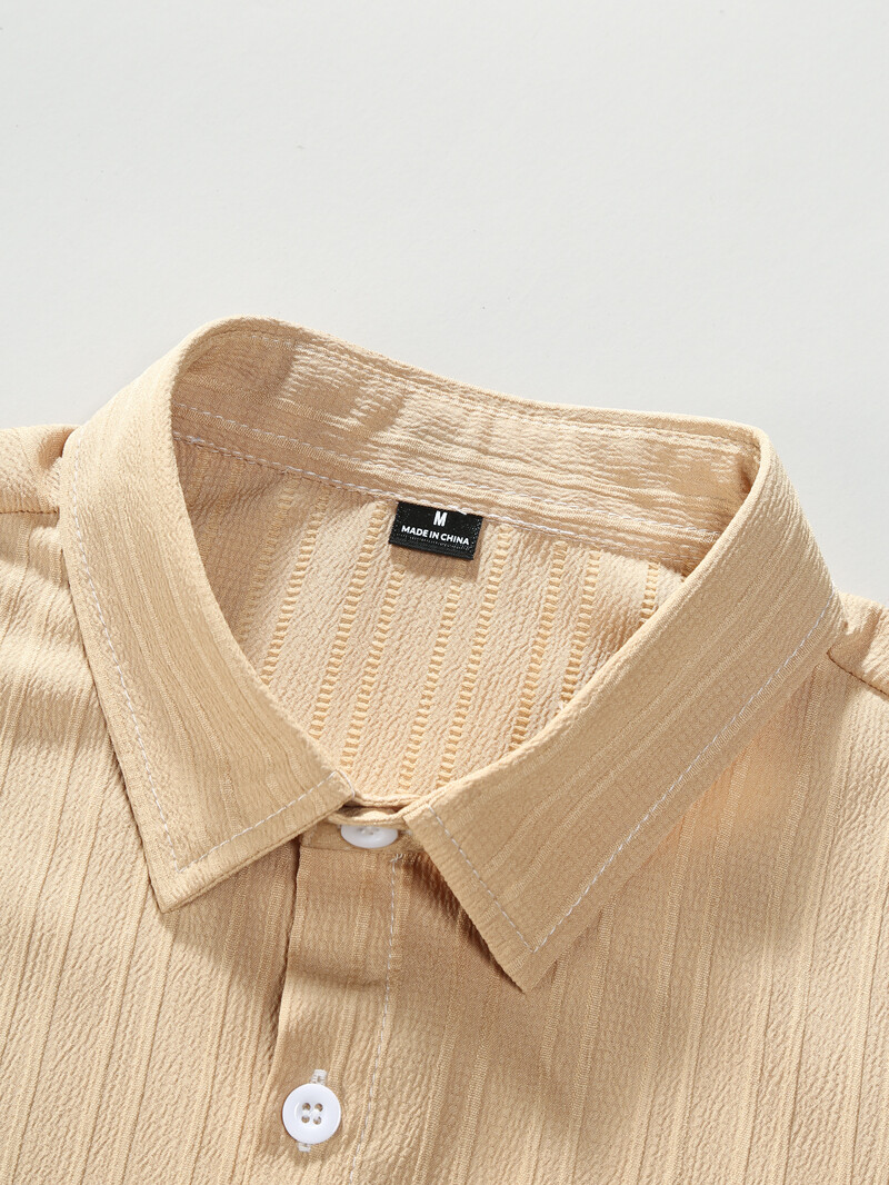 2024 Νέο ανδρικό κοντομάνικο πουκάμισο από βαμβακερό και λινό ανάγλυφο για άντρες Καλοκαιρινό μονόχρωμο πουκάμισο με στριφογυριστό γιακά.