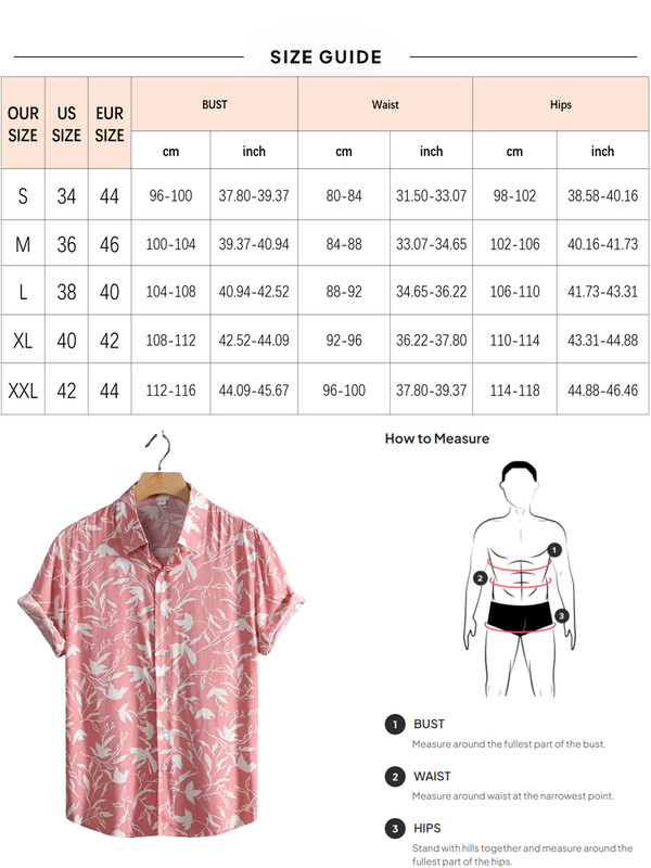 2024. aasta suvised meeste topsärgid Lilletrükiga graafiline vabaaja särgid, pluus Lühikeste varrukatega nööp üleval Rannariided Roosad särgid meestele