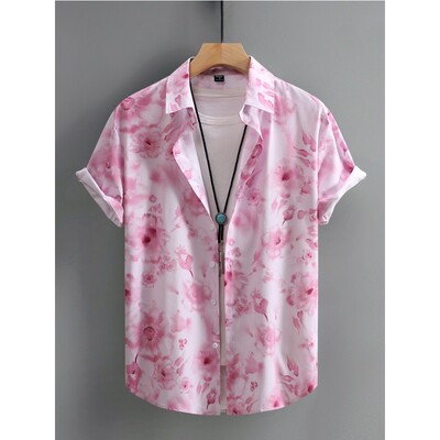 Ροζ Floral Print Beach Νέα Ανδρικά πουκάμισα Καλοκαιρινά Casual κοντομάνικα Χαβάης πουκάμισα για άνδρες Καθημερινά μπλουζάκια Ρούχα πάρτι