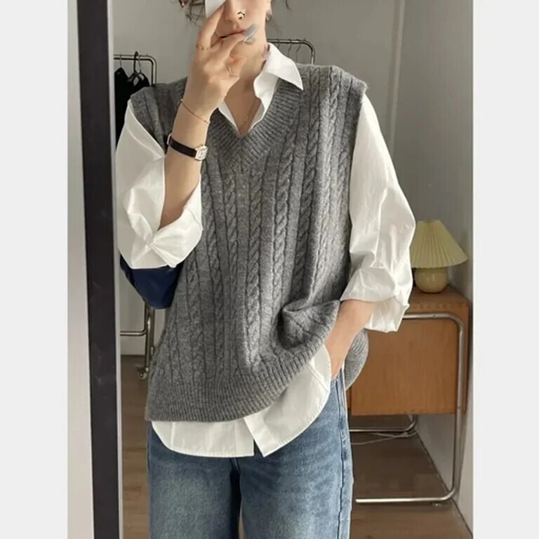 Ανοιξιάτικο φθινόπωρο λινό γυναικείο πλεκτό γιλέκο πτυσσόμενο πανωφόρι πουλόβερ σάλι μοντέρνο τοπ