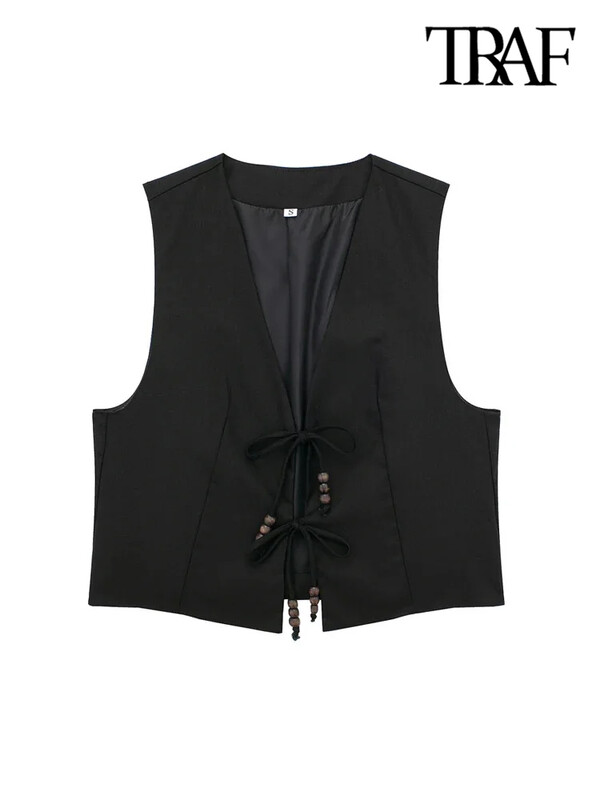 TRAF-Γυναικείο αμάνικο γιλέκο V λαιμόκοψης με δεμένο γιλέκο με χάντρες, γυναικεία πανωφόρια, κομψά μπλουζάκια, μόδα