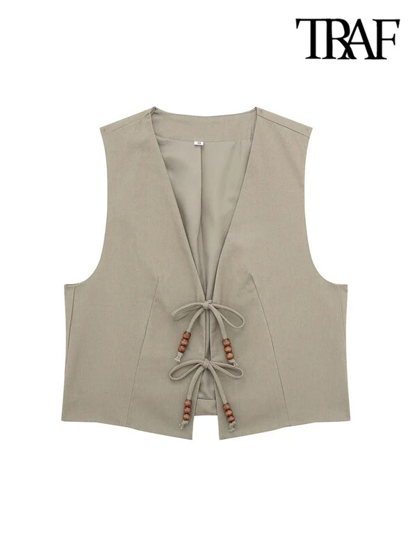 TRAF-Γυναικείο αμάνικο γιλέκο V λαιμόκοψης με δεμένο γιλέκο με χάντρες, γυναικεία πανωφόρια, κομψά μπλουζάκια, μόδα