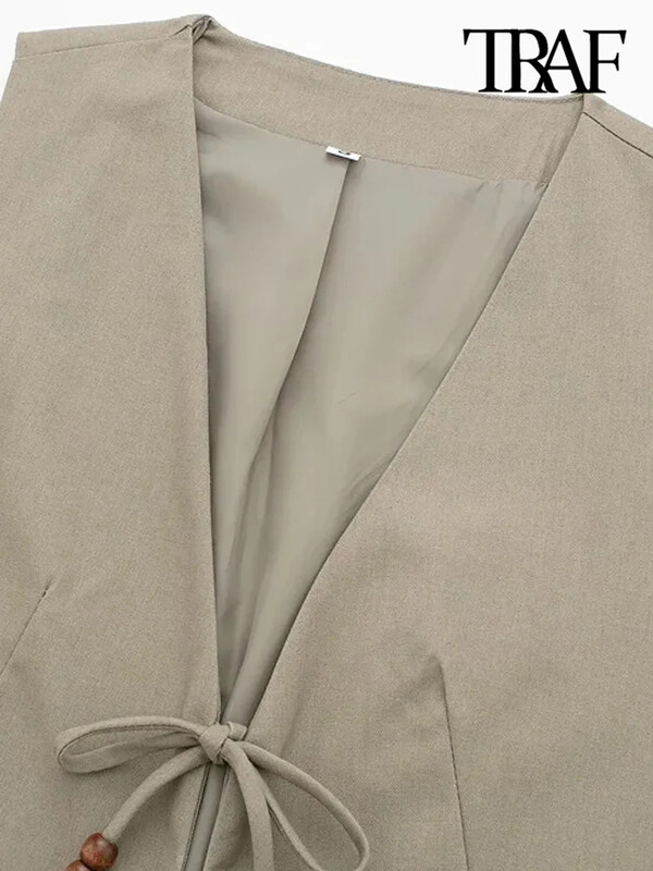 TRAF-Γυναικείο αμάνικο γιλέκο V λαιμόκοψης με δεμένο γιλέκο με χάντρες, γυναικεία πανωφόρια, κομψά μπλουζάκια, μόδα