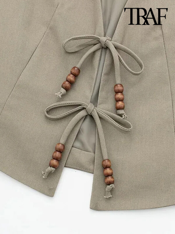 TRAF-Γυναικείο αμάνικο γιλέκο V λαιμόκοψης με δεμένο γιλέκο με χάντρες, γυναικεία πανωφόρια, κομψά μπλουζάκια, μόδα