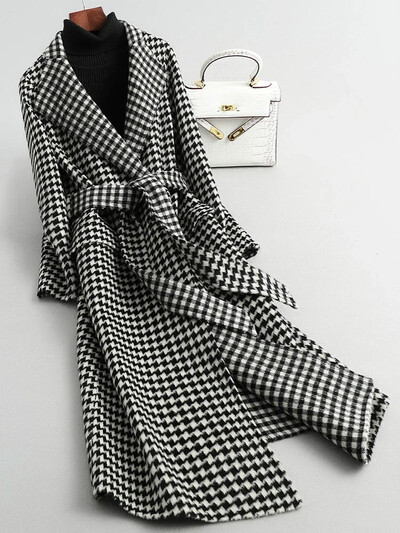 Vintage Γυναικεία Παλτό Μόδα Houndstooth Ζώνη Γυναικεία Παλτό Tartan Μακρυά Πάνω από Γόνατο Φθινοπωρινά χειμωνιάτικα παλτό και μπουφάν Γυναικεία 2024