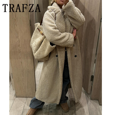 TRAFZA 2024 Winter Women Casual Solid Παλτό Double Breasted Fleece Παλτό Loose Fit Μακρύ Γυναικείο Vintage Oversized Μακρύ μπουφάν