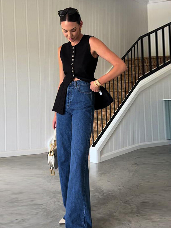 Täispuuvillane vabaajavest naistele Õhuke varrukateta, ühe rinnaga taskuga pikad topid naistele 2024. aasta suve daami moe kaelusega topp