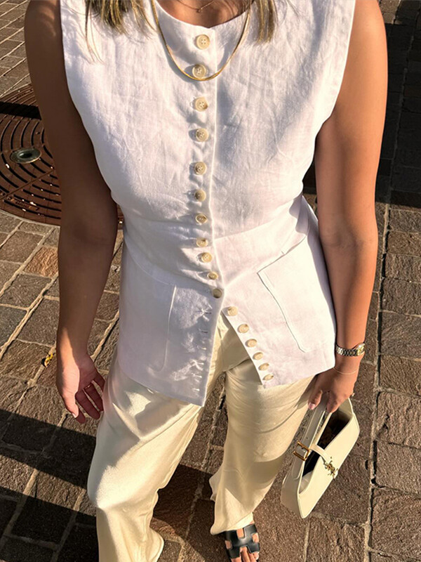 Täispuuvillane vabaajavest naistele Õhuke varrukateta, ühe rinnaga taskuga pikad topid naistele 2024. aasta suve daami moe kaelusega topp