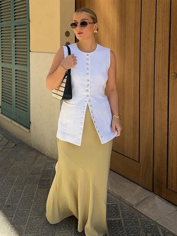 Täispuuvillane vabaajavest naistele Õhuke varrukateta, ühe rinnaga taskuga pikad topid naistele 2024. aasta suve daami moe kaelusega topp