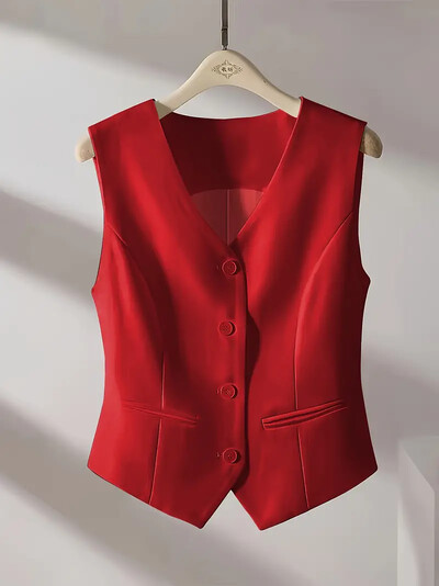Modes uzvalks veste Eleganta sieviešu vienkārša gadījuma V-veida kakla veste ar vienrindu bez piedurknēm vienkrāsains, plāns retro