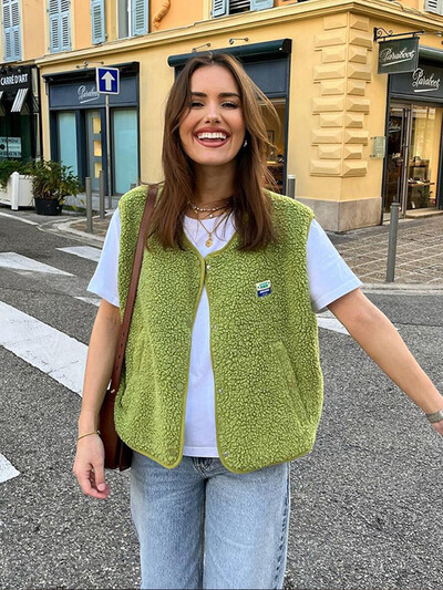 Naiste mood, soliidne lambavillast vest Elegantne ümara kaelusega varrukateta üherealine vest, naiste 2024. aasta sügisesed tänavapüksid