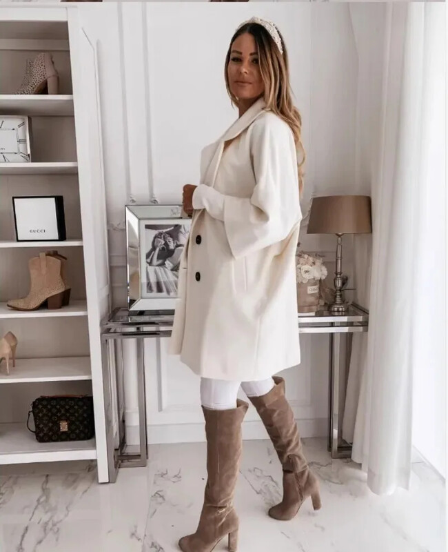 Sügistalvine naiste 3/4 pikkade varrukatega nööbiga revääritasku villane soe jope, ühevärviline, minimalistlik ja mitmekülgne