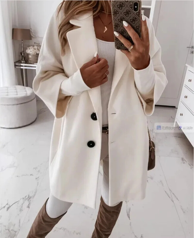 Sügistalvine naiste 3/4 pikkade varrukatega nööbiga revääritasku villane soe jope, ühevärviline, minimalistlik ja mitmekülgne