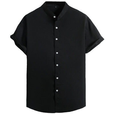 Nova moda Ljeto 2024. Muška obična košulja sa samostojećim ovratnikom i kratkim rukavima, jednobojna ležerna crna muška košulja na kopčanje