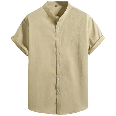 Nova moda Ljeto 2024. Muška obična košulja sa samostojećim ovratnikom i kratkim rukavima, jednobojna ležerna crna muška košulja na kopčanje
