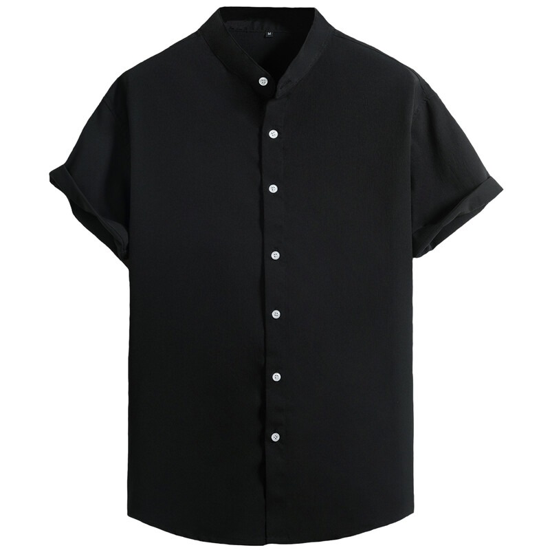 Nova moda Ljeto 2024. Muška obična košulja sa samostojećim ovratnikom i kratkim rukavima, jednobojna ležerna crna muška košulja na kopčanje