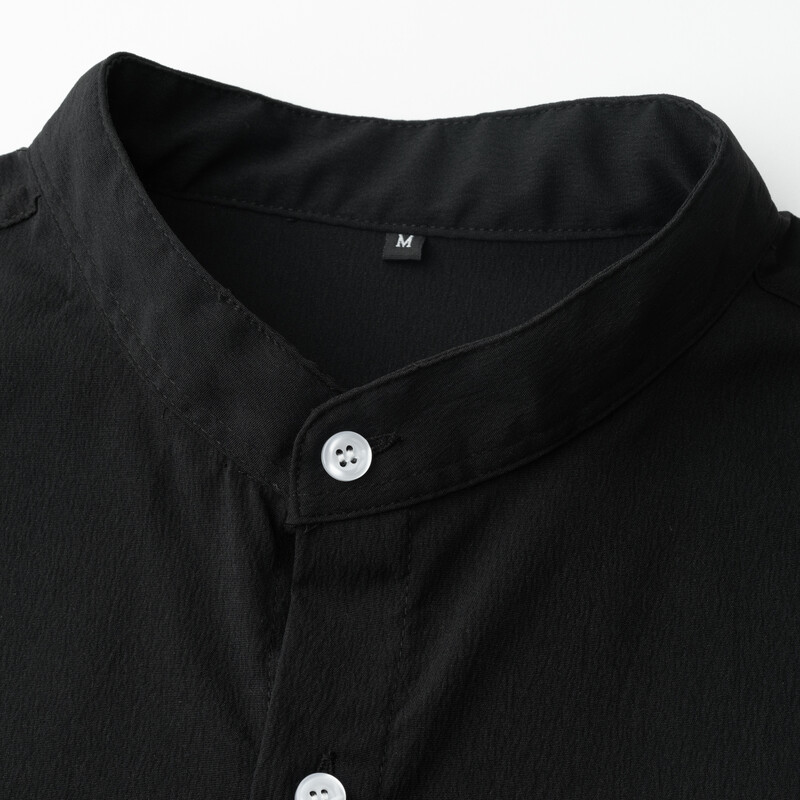 Nova moda Ljeto 2024. Muška obična košulja sa samostojećim ovratnikom i kratkim rukavima, jednobojna ležerna crna muška košulja na kopčanje