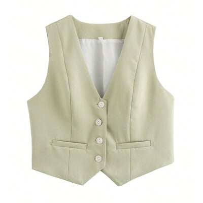 TRAFZA modni ženski prsluk Ženski prsluci bez rukava Chic V-izrez jednoredno kopčanje Ženski elegantni bijeli prsluk gornji dio TRAF