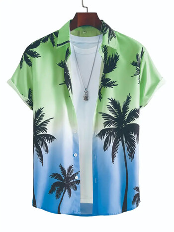 Hawaiian Shirt Man 3D Coconut Tree Gradient Pattern Ежедневна риза Harajuku Fashion Oversize Top Funny Print Розово мъжко облекло