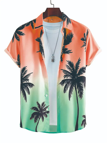 Hawaiian Shirt Man 3D Coconut Tree Gradient Pattern Ежедневна риза Harajuku Fashion Oversize Top Funny Print Розово мъжко облекло