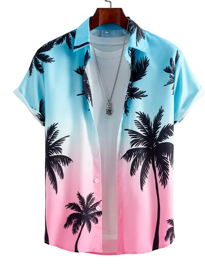Cămașă hawaiană Bărbat 3D Nucă de cocos Model Gradient Cămașă Casual Harajuku Moda Top supradimensionat Imprimeu amuzant Roz Îmbrăcăminte pentru bărbați