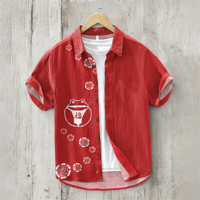 Vászon ing-2024 nyári férfi hajtóka rövid ujjú póló alkalmi nyomott ing elegáns és kényelmes felsők új ruhák XS-5XL