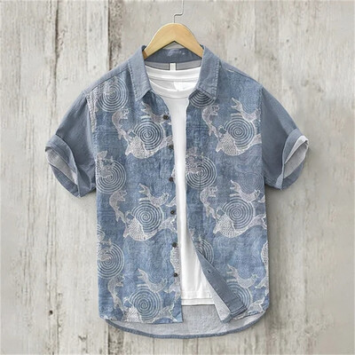 Vászon ing-2024 nyári férfi hajtóka rövid ujjú póló alkalmi nyomott ing elegáns és kényelmes felsők új ruhák XS-5XL