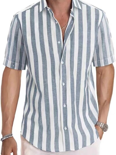 Tikijeva nova modna muška lanena košulja s kratkim rukavima i bambusovim čvorovima na pruge s kratkim rukavima, muška odjeća za proljeće i jesen
