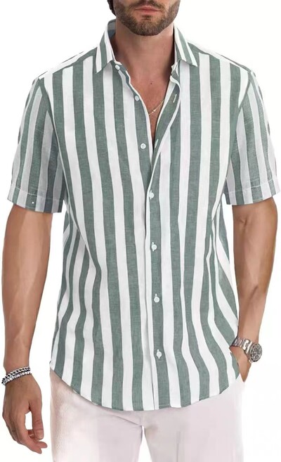 Tikijeva nova modna muška lanena košulja s kratkim rukavima i bambusovim čvorovima na pruge s kratkim rukavima, muška odjeća za proljeće i jesen