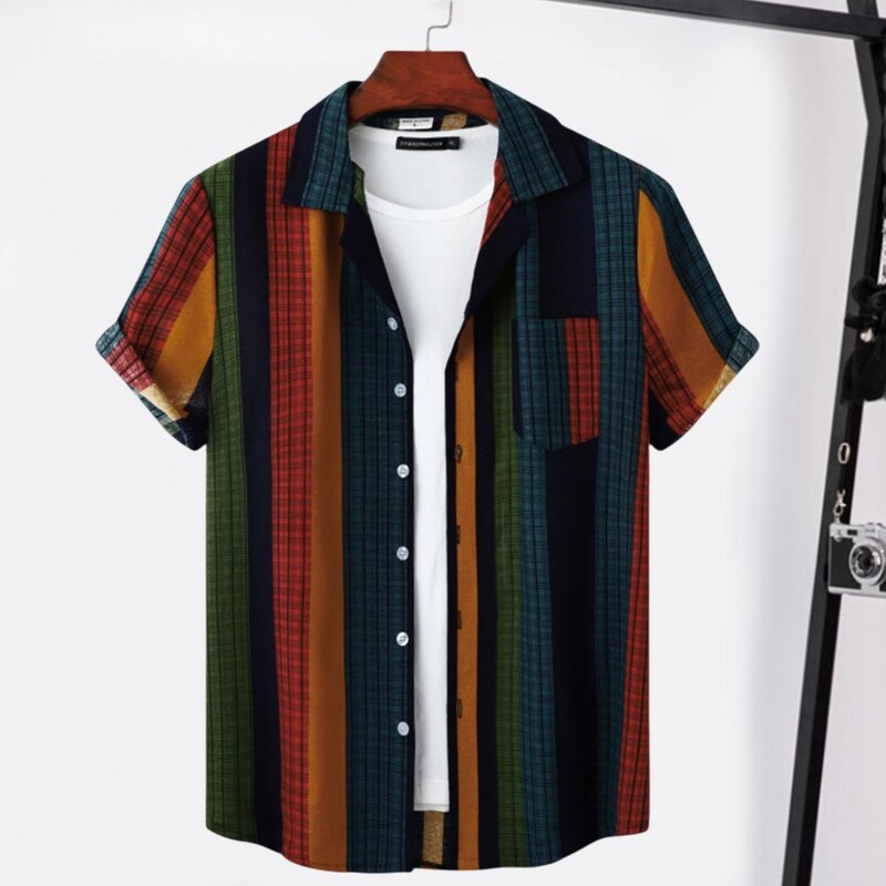 Muška košulja Havajska odjeća za plažu kontrastne boje Vintage prugasta kratkih rukava Jednoredno kopčanje Ljetna gornja odjeća s džepovima