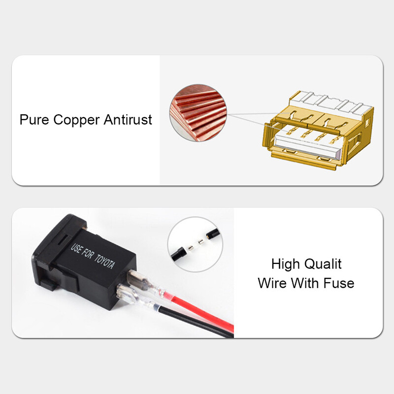 LED automašīnu piederumi QC automašīnas ligzdas lādētājs Ātrā uzlāde mobilajam tālrunim strāvas adapteris Toyota Dual USB 12-24V voltmetram