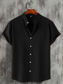 Cămașă cu mânecă scurtă pentru bărbați de vară, cu guler Henry. Îmbrăcăminte pentru bărbați Cămașă solidă Solor