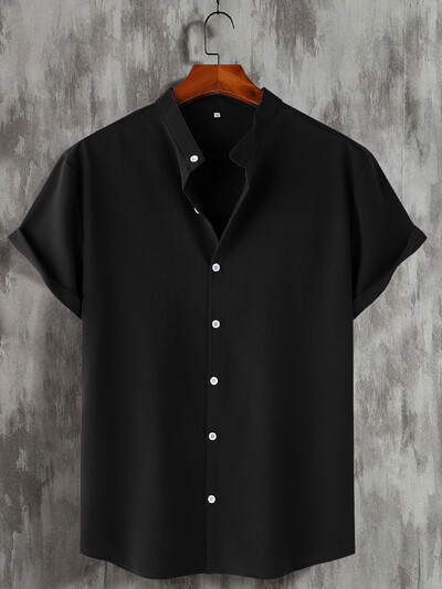 Cămașă cu mânecă scurtă pentru bărbați de vară, cu guler Henry. Îmbrăcăminte pentru bărbați Cămașă solidă Solor