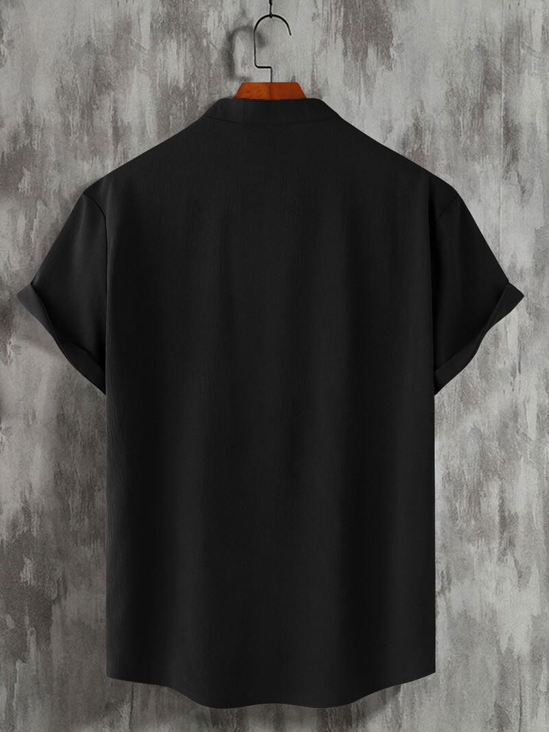 Cămașă cu mânecă scurtă pentru bărbați de vară, cu guler Henry. Îmbrăcăminte pentru bărbați Cămașă solidă Solor