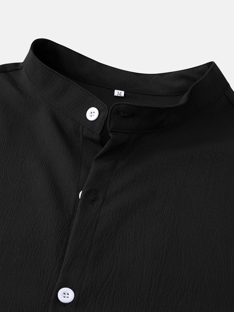 Cămașă cu mânecă scurtă pentru bărbați de vară, cu guler Henry. Îmbrăcăminte pentru bărbați Cămașă solidă Solor